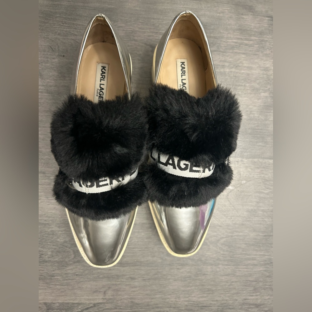 Karl Lagerfeld “Birdie” Metallic and Black Faux fur Platform Shoes
